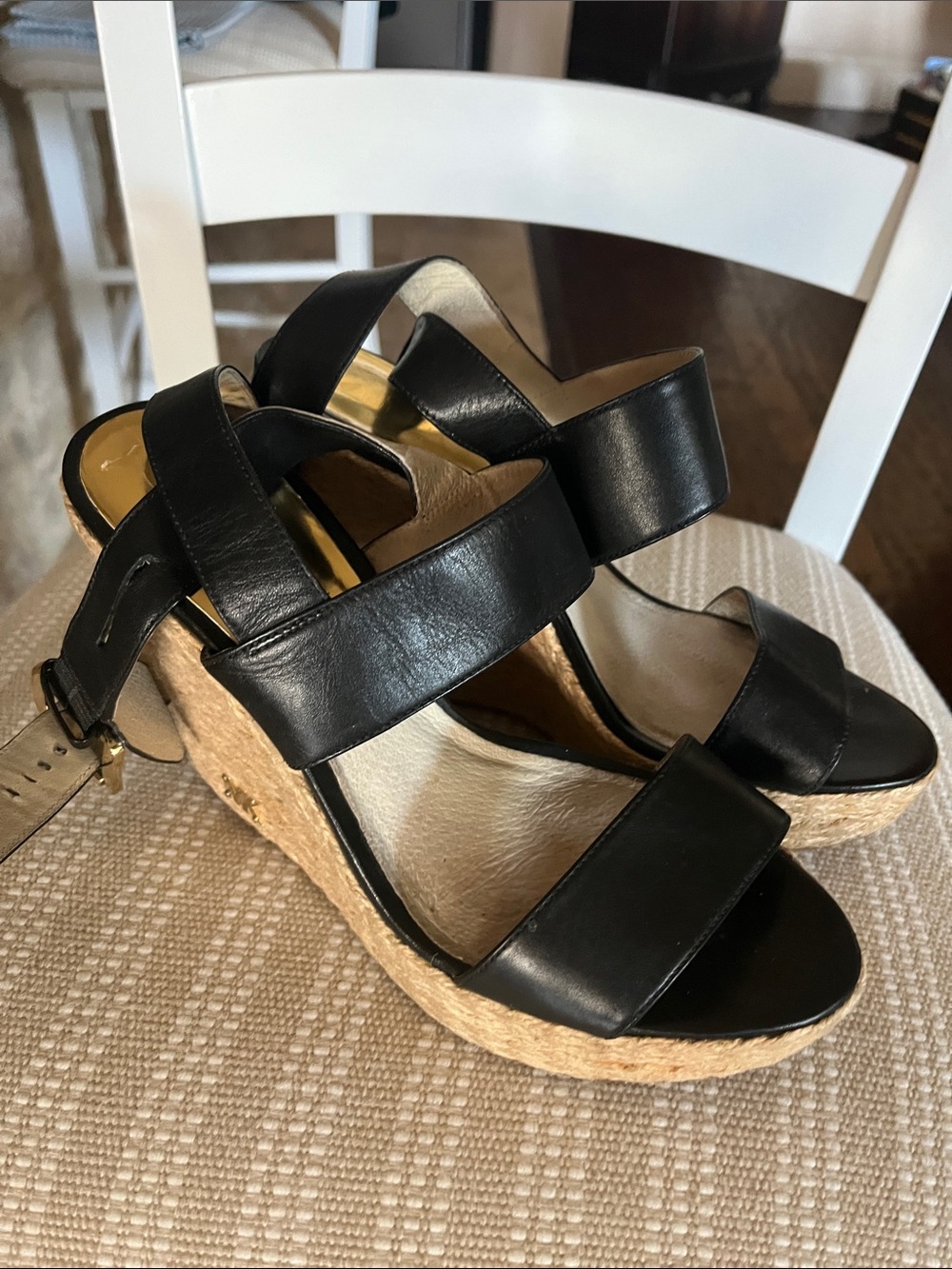 Black Leather Espadrille Wedge Sandals - Women
